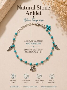 Blue Turquoise Natural Stone Anklet with Silver Charms